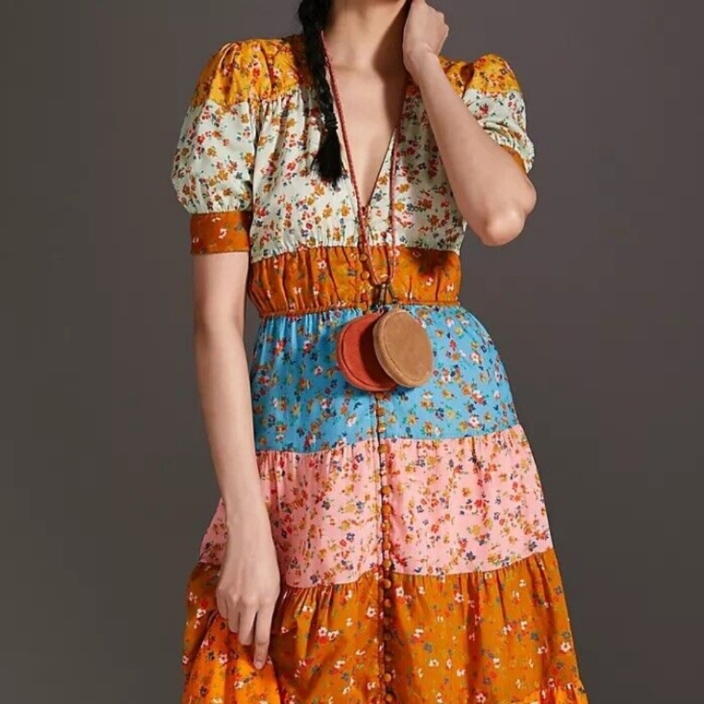 Anthropologie Tiered &True Multi Color Floral Maxi Dress